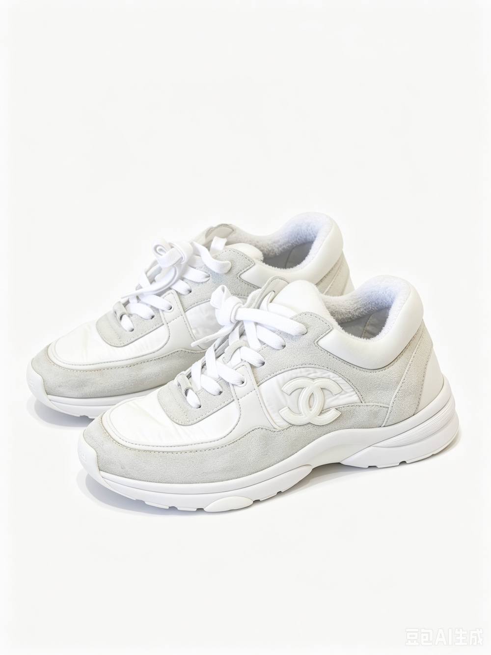 Chanel White & Light Gray CC-Lace Women's Sneakers